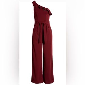Ruffled One Shoulder Jumpsuit Maroon Burgundy